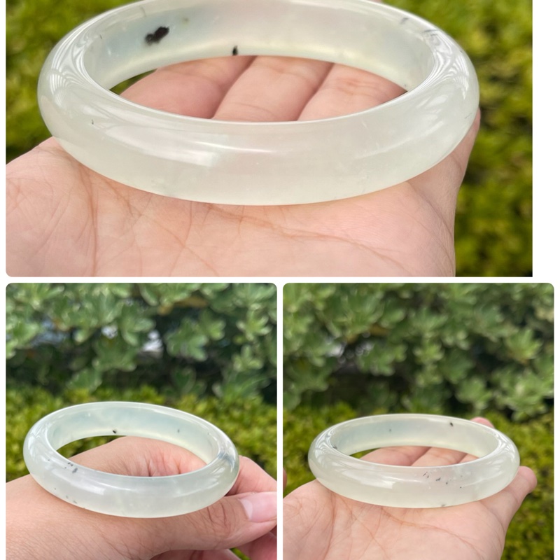 Z02現貨🌸天然岫玉手鐲/白冰灑墨起螢光/圈口58.1-8