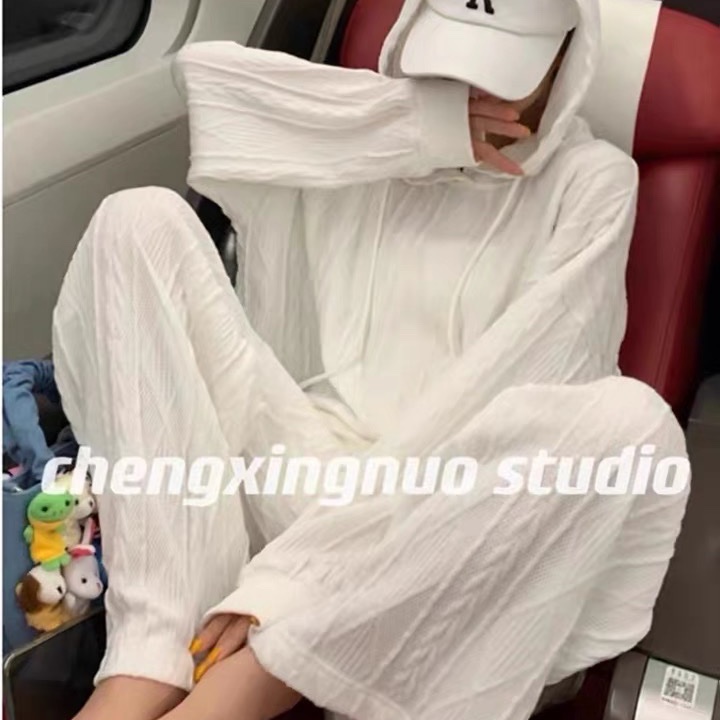 🔥2022春季女神顯瘦奶白麻花紋擴腿鬆緊褲套裝組-1