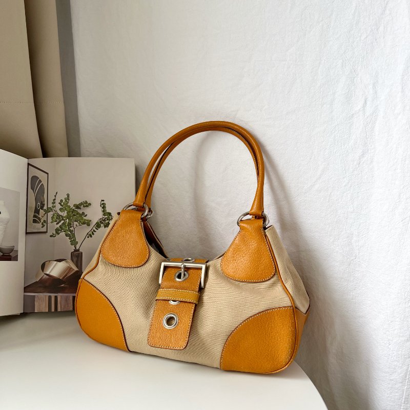 PRADA 帆布 x 香橙色皮革大手提包挎包-0