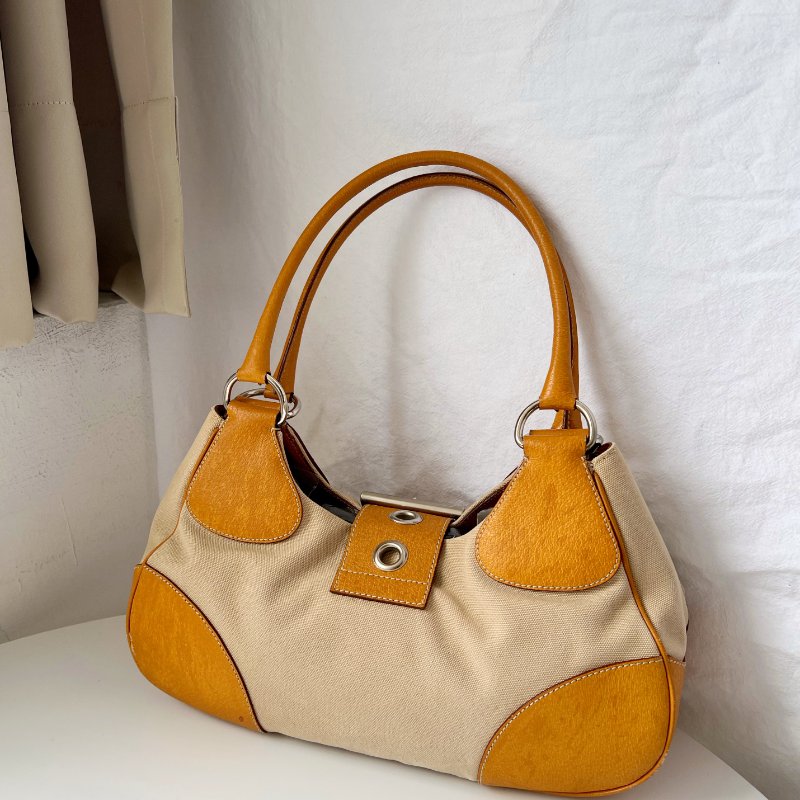 PRADA 帆布 x 香橙色皮革大手提包挎包-1