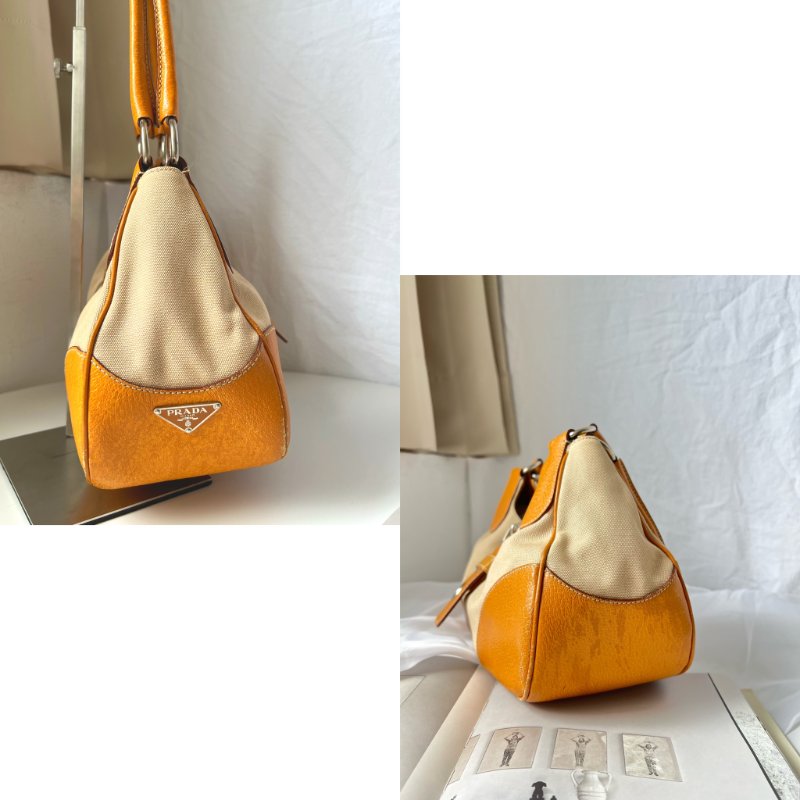 PRADA 帆布 x 香橙色皮革大手提包挎包-3
