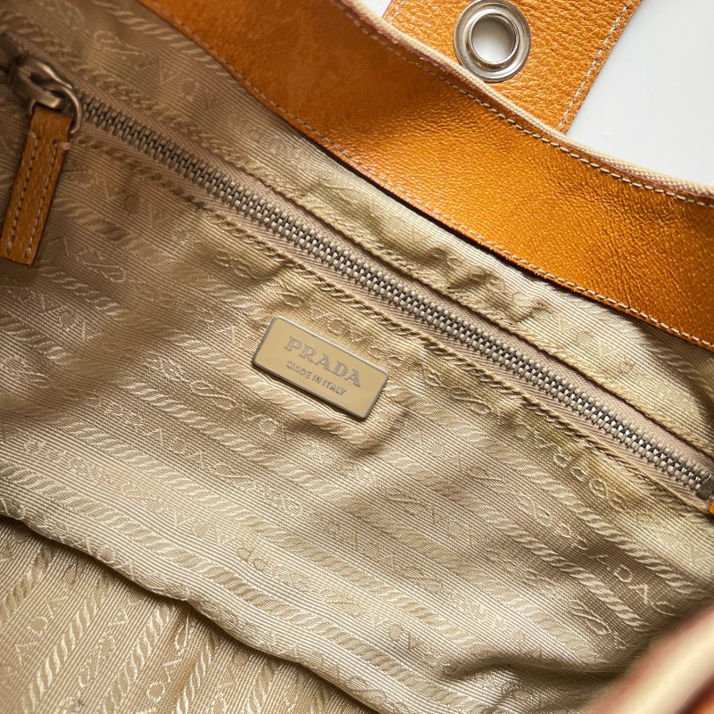 PRADA 帆布 x 香橙色皮革大手提包挎包-4