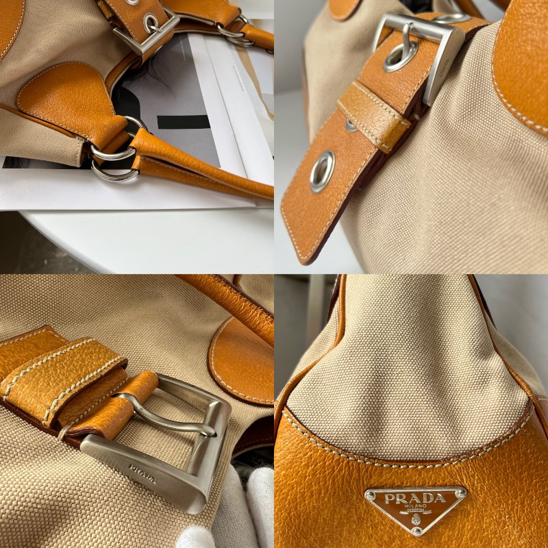 PRADA 帆布 x 香橙色皮革大手提包挎包-5