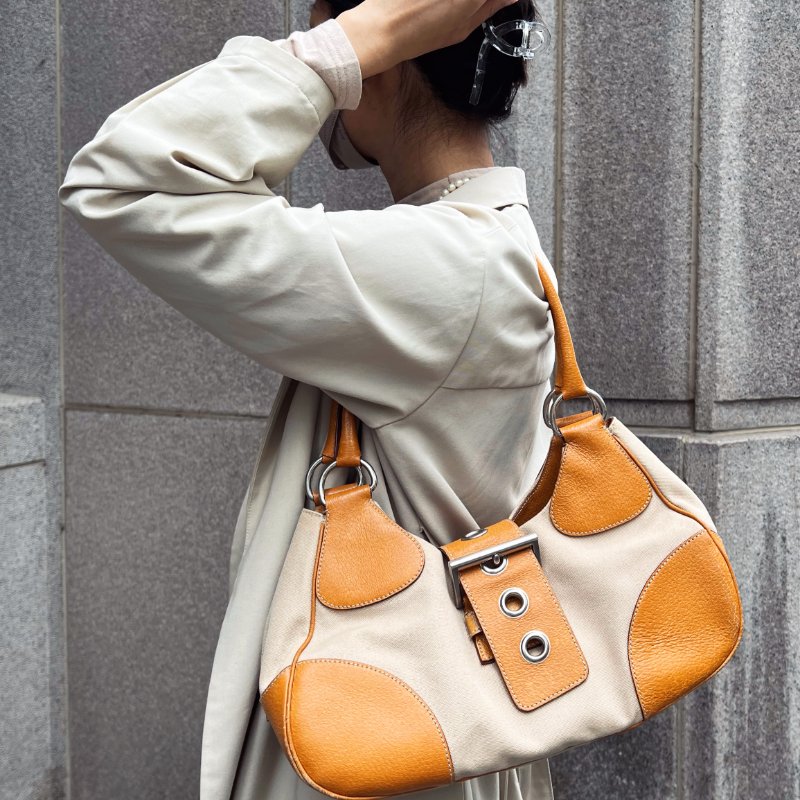 PRADA 帆布 x 香橙色皮革大手提包挎包-7