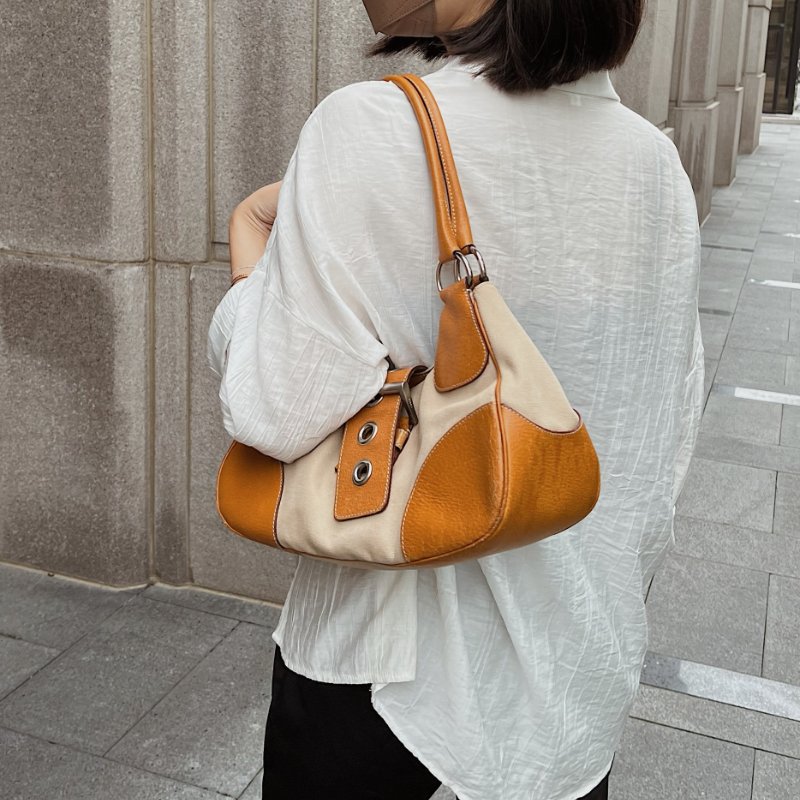 PRADA 帆布 x 香橙色皮革大手提包挎包-8