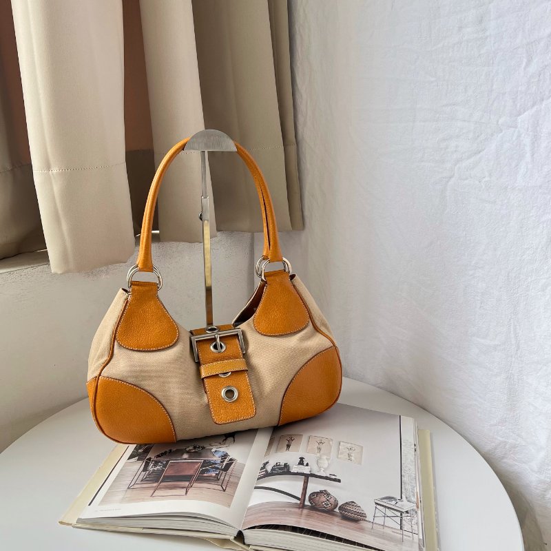 PRADA 帆布 x 香橙色皮革大手提包挎包-9