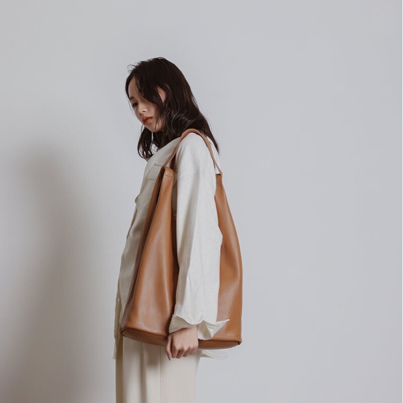 植鞣 羊皮 A4可入 肩背包 托特包 奶茶棕 棕色 卡杏色-4