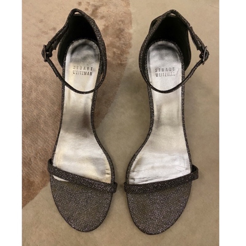 正品 Stuart Weitzman Naked 一字亮片低跟涼鞋 US8-0