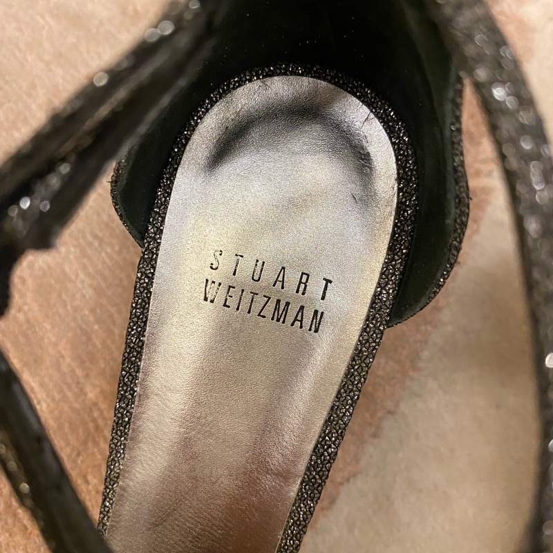 正品 Stuart Weitzman Naked 一字亮片低跟涼鞋 US8-1
