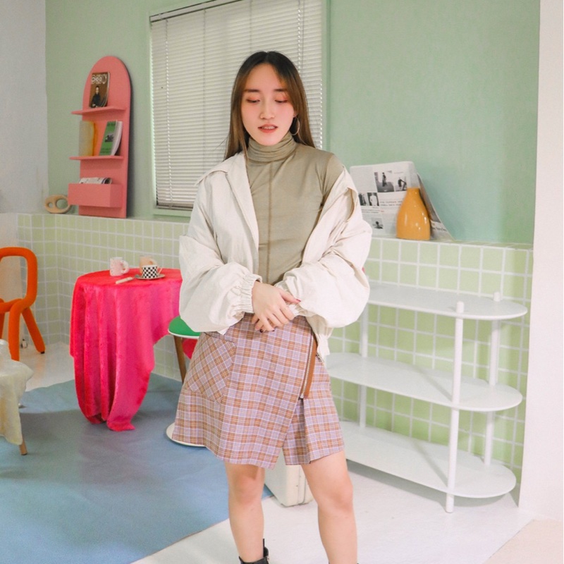 🇰🇷格子前拉鍊造型款 短裙（粉色）-2