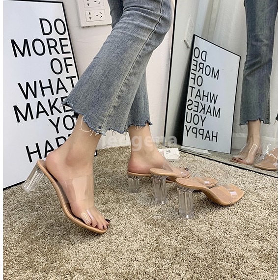 實拍 大尺碼 韓國同款一字帶透明帶超高跟涼鞋 粗跟水晶跟性感涼拖鞋 高跟鞋 女生涼鞋 外穿高跟鞋 方头凉鞋 高跟涼鞋-0