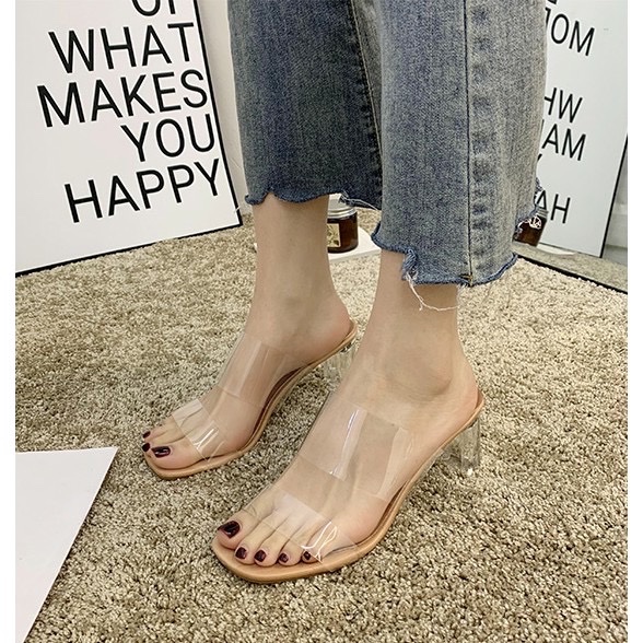 實拍 大尺碼 韓國同款一字帶透明帶超高跟涼鞋 粗跟水晶跟性感涼拖鞋 高跟鞋 女生涼鞋 外穿高跟鞋 方头凉鞋 高跟涼鞋-1