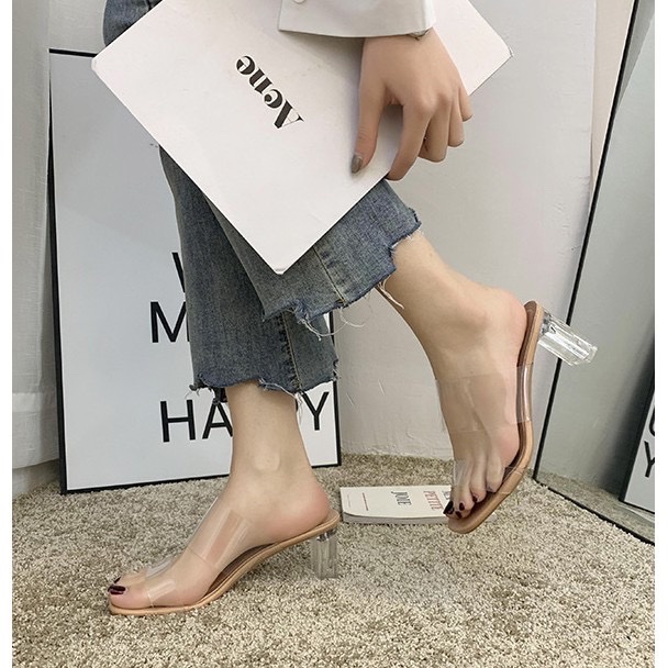 實拍 大尺碼 韓國同款一字帶透明帶超高跟涼鞋 粗跟水晶跟性感涼拖鞋 高跟鞋 女生涼鞋 外穿高跟鞋 方头凉鞋 高跟涼鞋-2