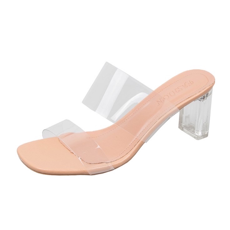 實拍 大尺碼 韓國同款一字帶透明帶超高跟涼鞋 粗跟水晶跟性感涼拖鞋 高跟鞋 女生涼鞋 外穿高跟鞋 方头凉鞋 高跟涼鞋-3