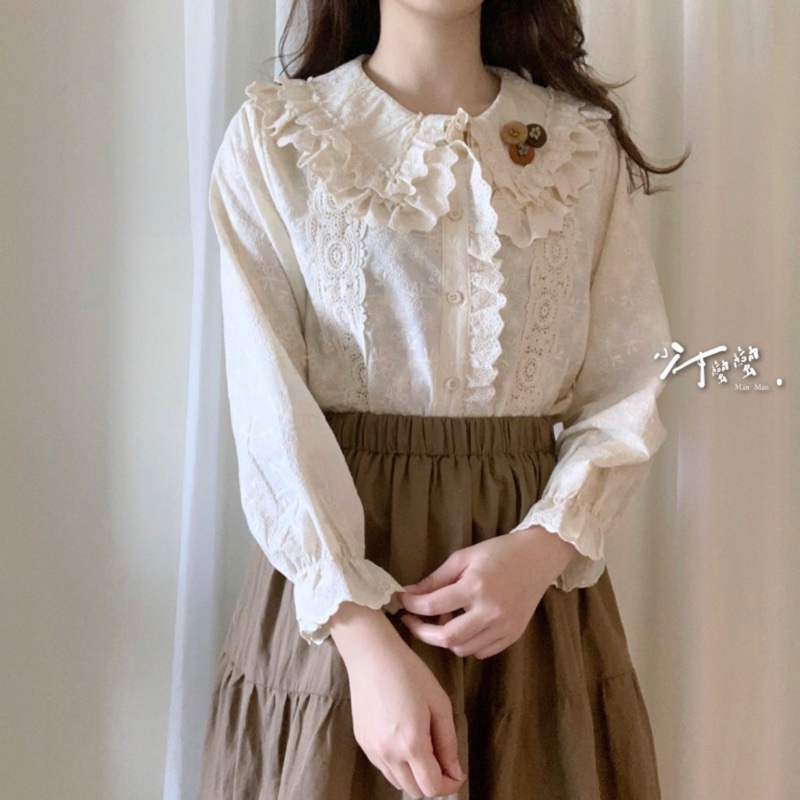 森林系少女棉麻燒花杏色翻領襯衫/附胸針（少女蠻蠻）（已保留）-0