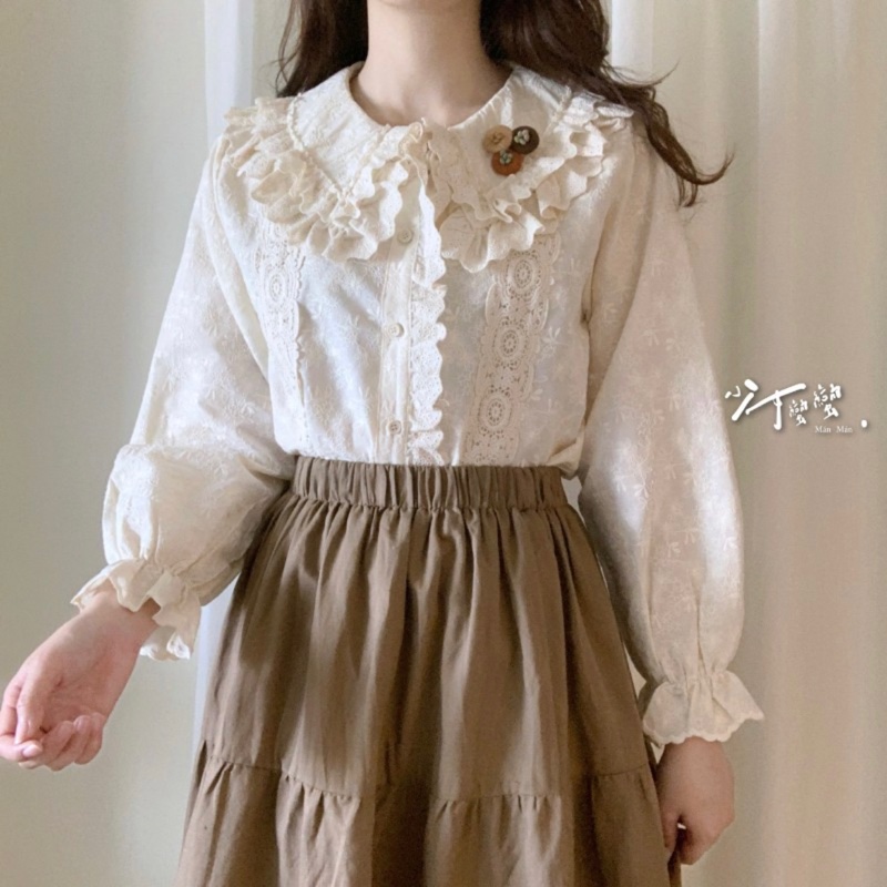 森林系少女棉麻燒花杏色翻領襯衫/附胸針（少女蠻蠻）（已保留）-1