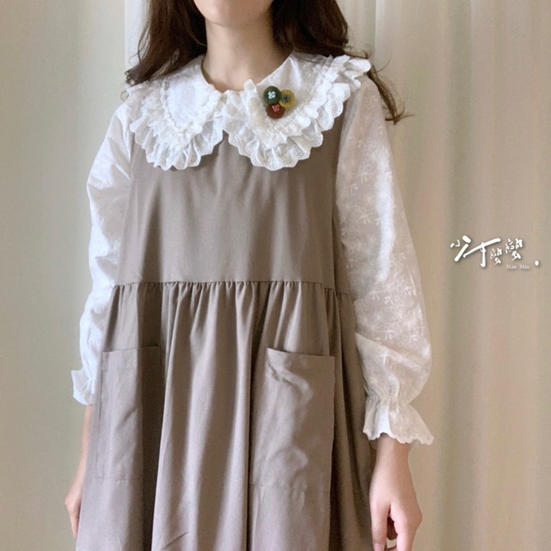 森林系少女棉麻燒花杏色翻領襯衫/附胸針（少女蠻蠻）（已保留）-2