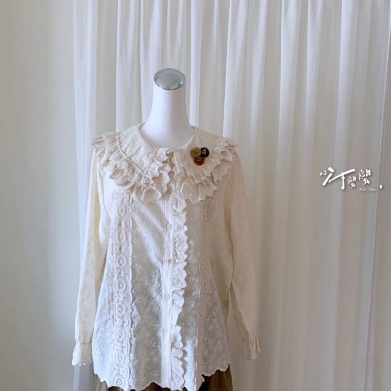 森林系少女棉麻燒花杏色翻領襯衫/附胸針（少女蠻蠻）（已保留）-3