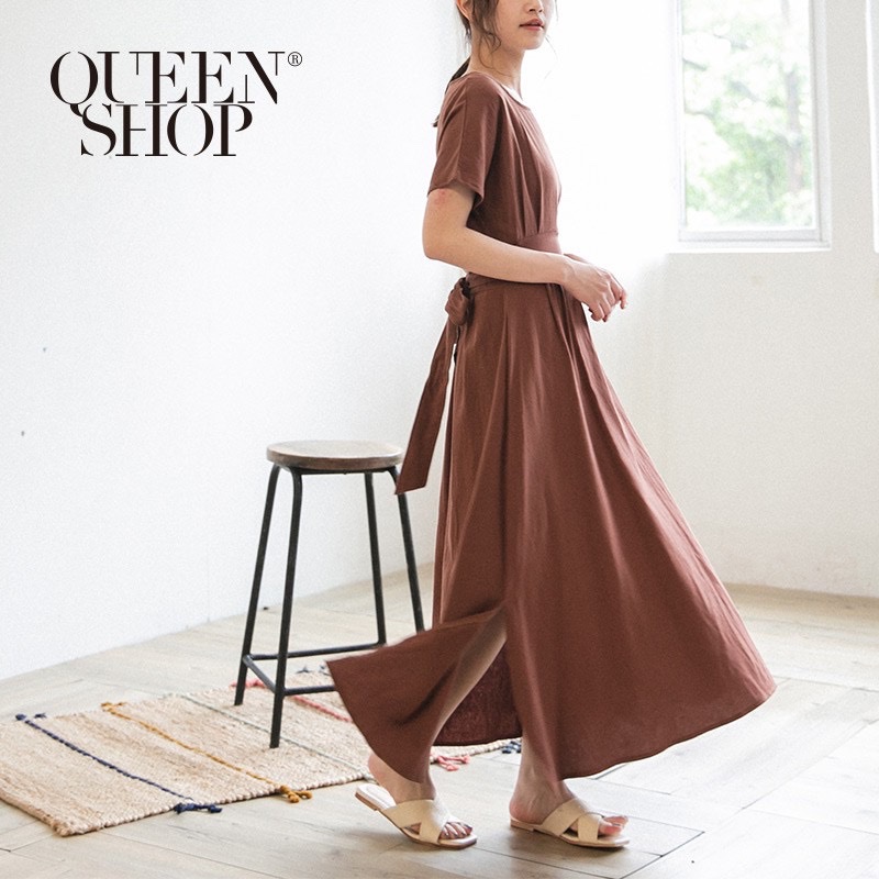 Queenshop 腰綁帶造型棉麻洋裝 咖啡-4