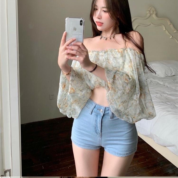 一字肩上衣.設計感露肩小清新泡泡袖雪紡-0