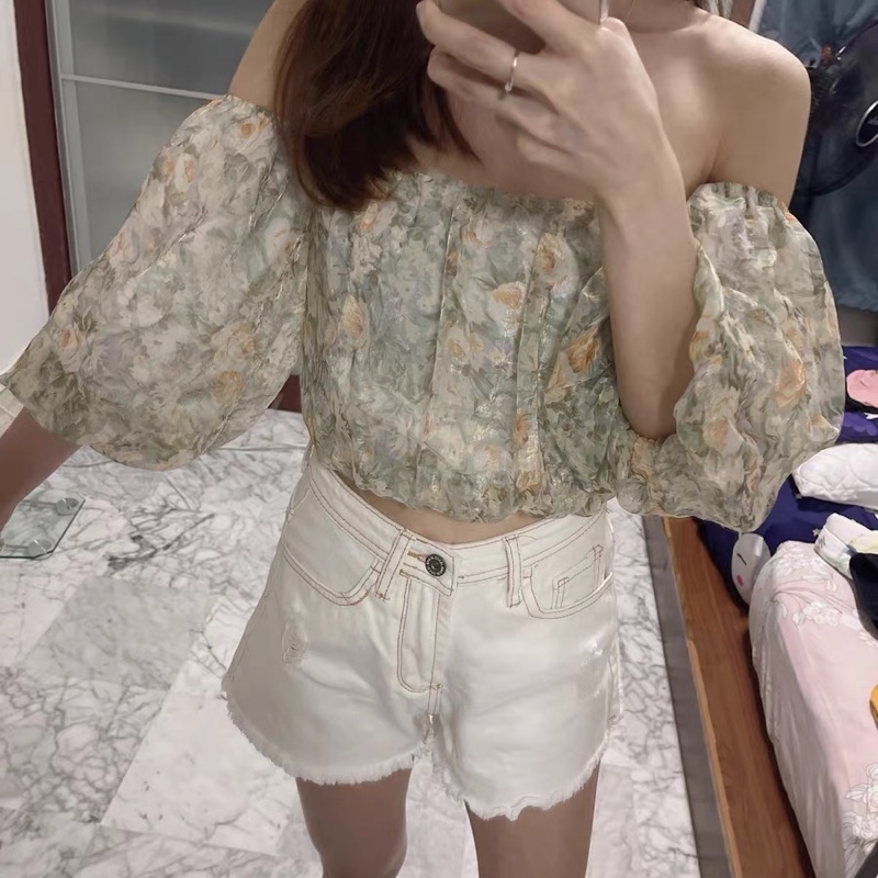 一字肩上衣.設計感露肩小清新泡泡袖雪紡-2