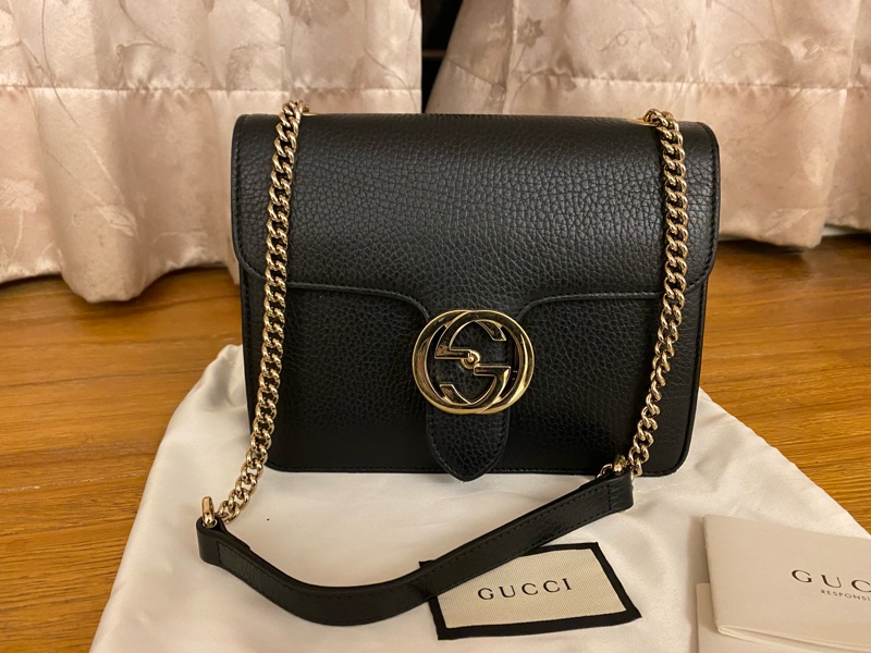 【GUCCI 雙G金扣】荔枝紋牛皮風琴包(黑)-0