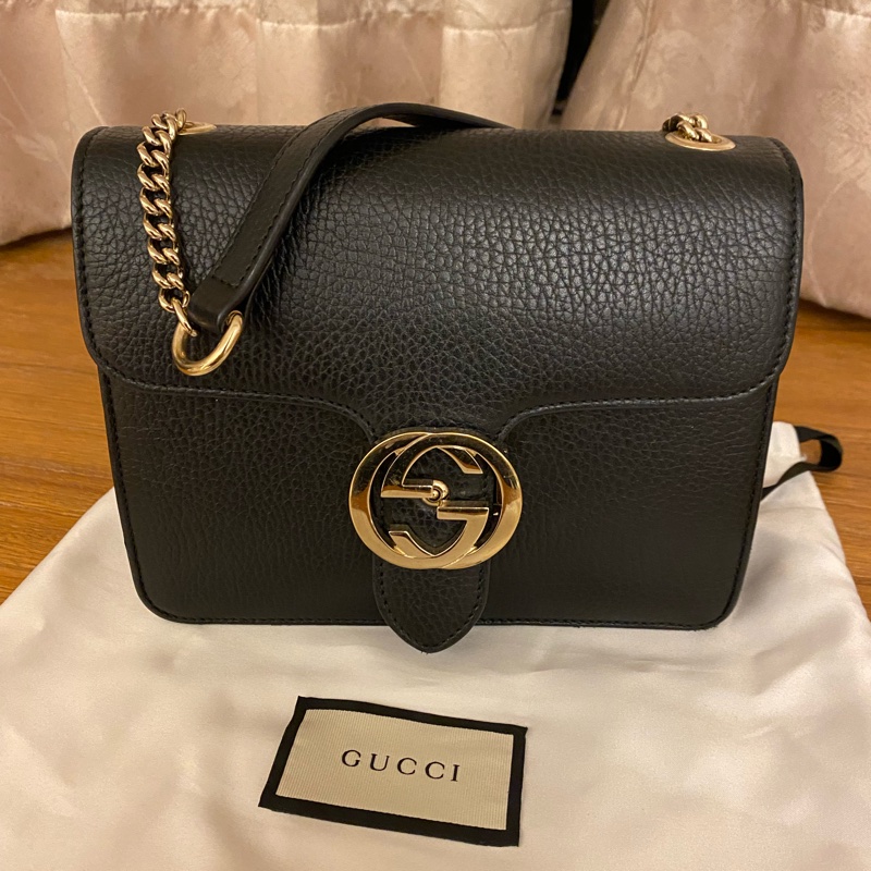 【GUCCI 雙G金扣】荔枝紋牛皮風琴包(黑)-1
