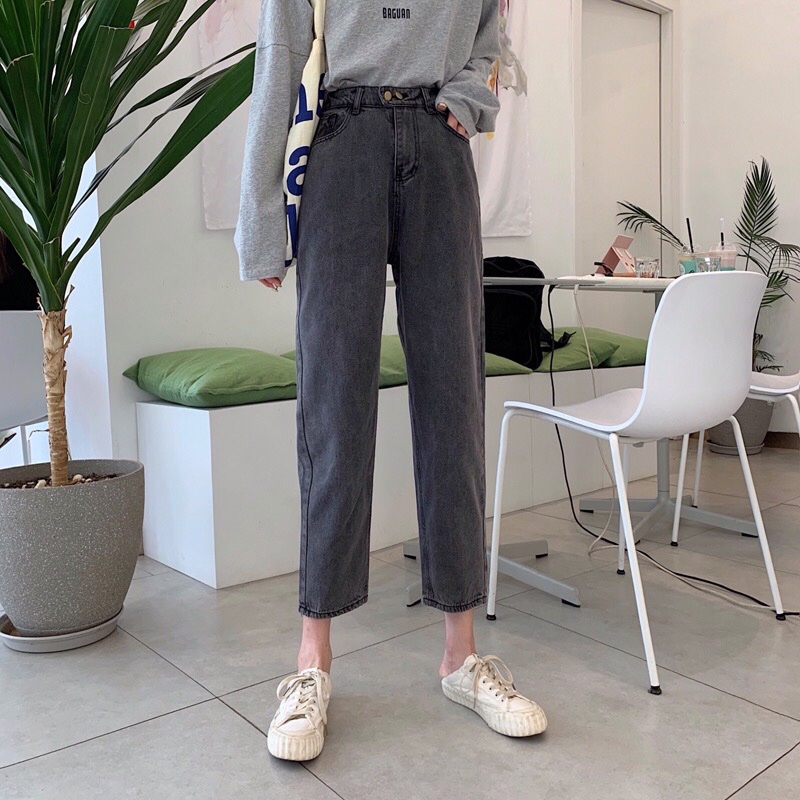 人氣王‼️韓版復古刷舊黑色高腰直筒牛仔褲 休閒黑色牛仔褲 牛仔寬長褲 古著刷舊褲女裝 闊腿褲 老爹褲 春夏季-1