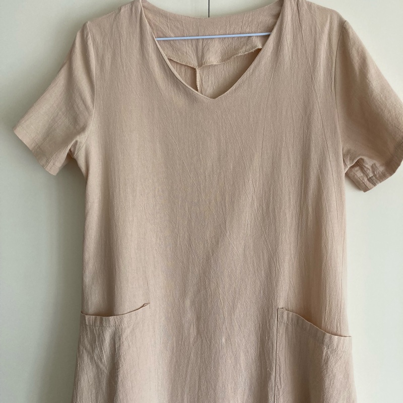 典雅亞麻過膝洋裝(杏色)-1