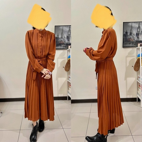 橘色百摺長洋裝