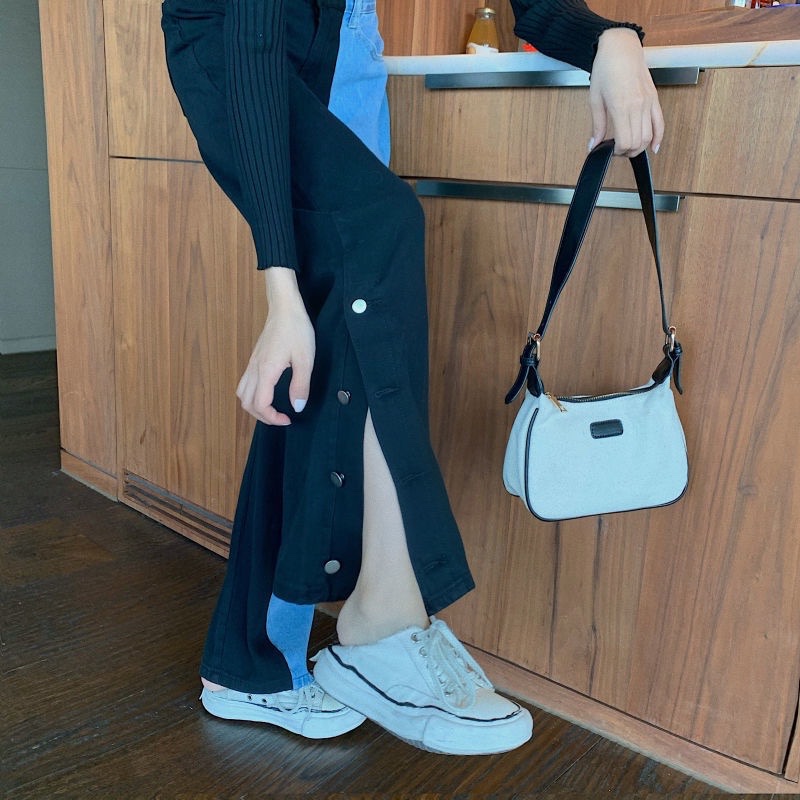 撞色拼接開叉牛仔褲女韓版新款高腰顯瘦直筒闊腿褲寬鬆垂感長褲-2