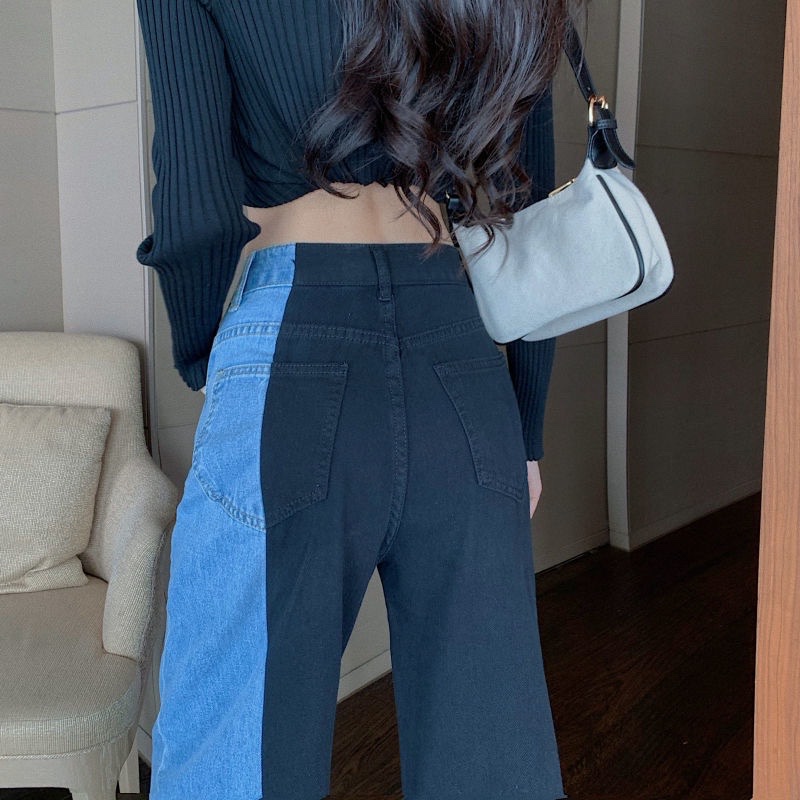 撞色拼接開叉牛仔褲女韓版新款高腰顯瘦直筒闊腿褲寬鬆垂感長褲-3