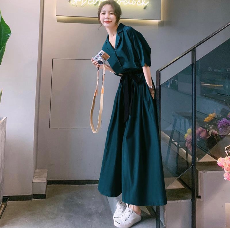 墨綠色溫柔質感洋裝 法式復古襯衫裙 收腰顯瘦長裙-0