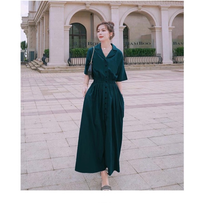 墨綠色溫柔質感洋裝 法式復古襯衫裙 收腰顯瘦長裙-1