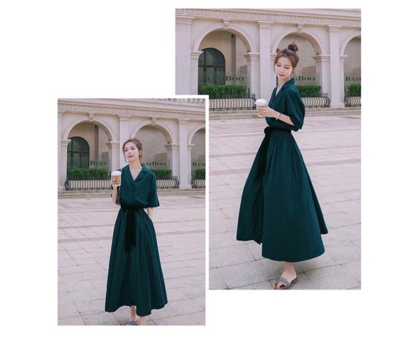 墨綠色溫柔質感洋裝 法式復古襯衫裙 收腰顯瘦長裙-2