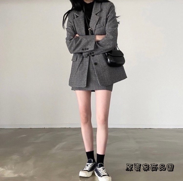 高級感!深灰色西裝套裝(西外+西裝裙)-1