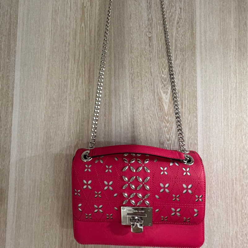 MICHAEL KORS TINA 花朵翻蓋鍊帶肩背/斜背包(中/覆盆莓粉)-0