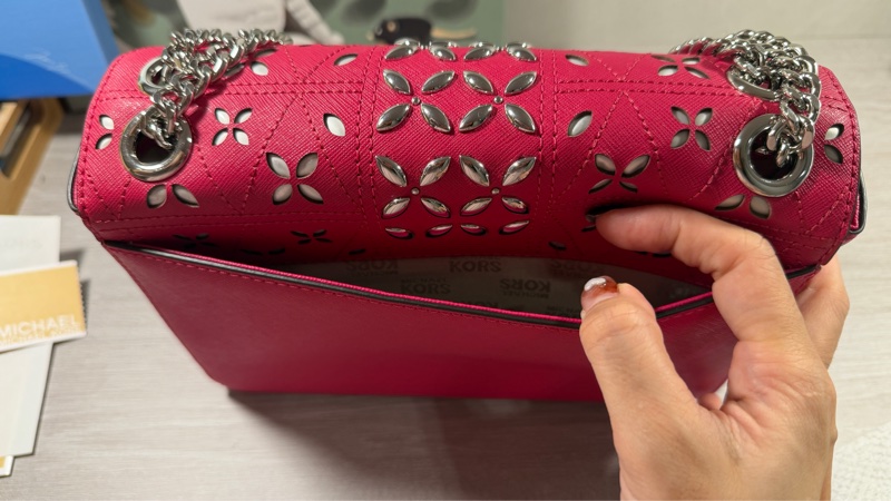 MICHAEL KORS TINA 花朵翻蓋鍊帶肩背/斜背包(中/覆盆莓粉)-3