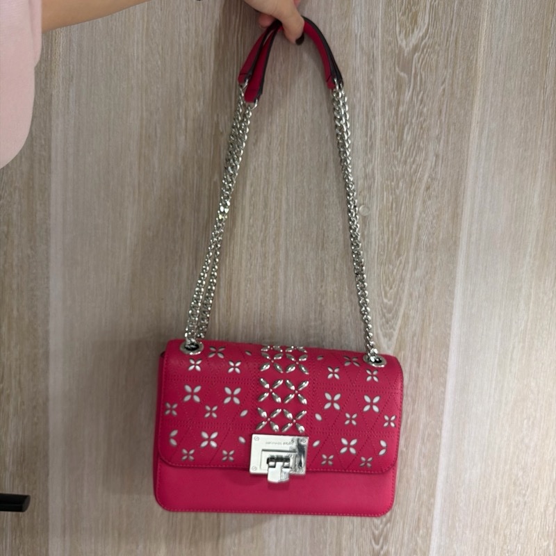 MICHAEL KORS TINA 花朵翻蓋鍊帶肩背/斜背包(中/覆盆莓粉)-6