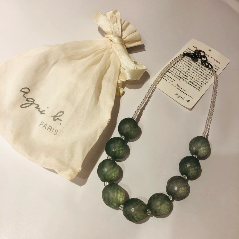 Agnes b.莫蘭迪綠玻璃珠項鍊，尺寸：拉平最長直徑21cm(可調長短）-0