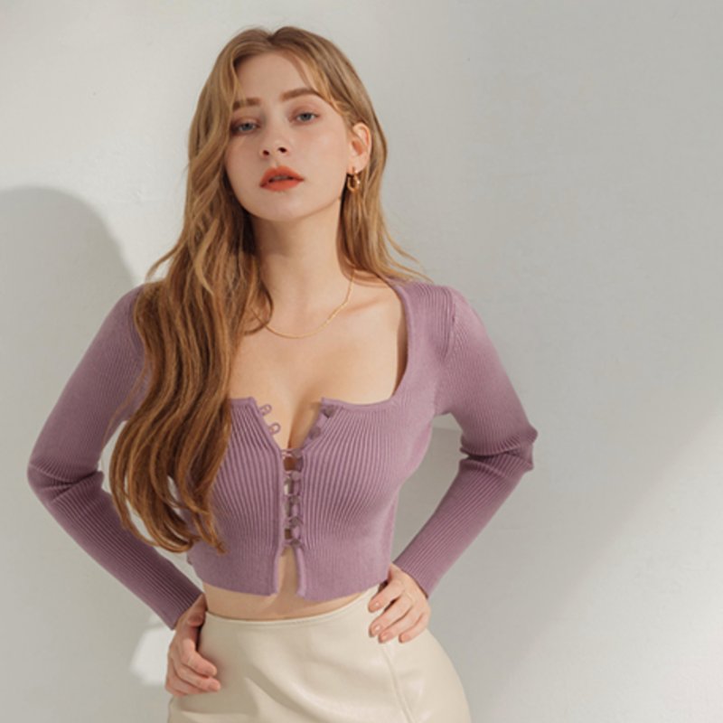 歐美感超辣紫色方領短版上衣-2