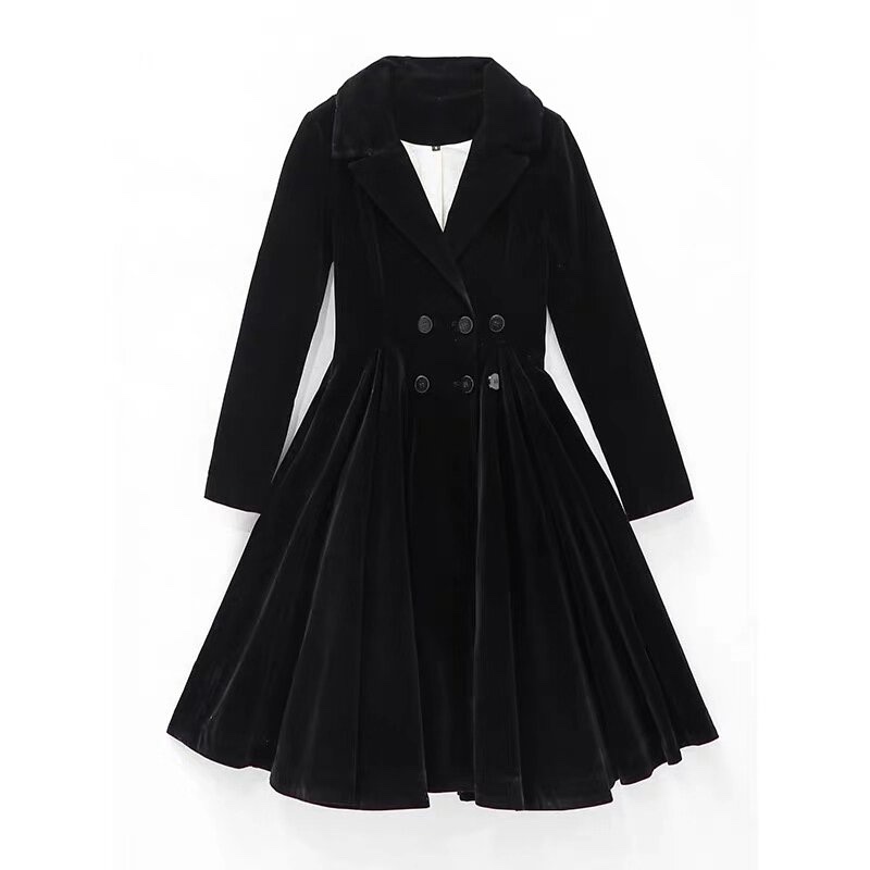 全新GRACE CHOW 周揚青自創品牌周周熱銷同款復古黑絲絨長版大衣裙S-7