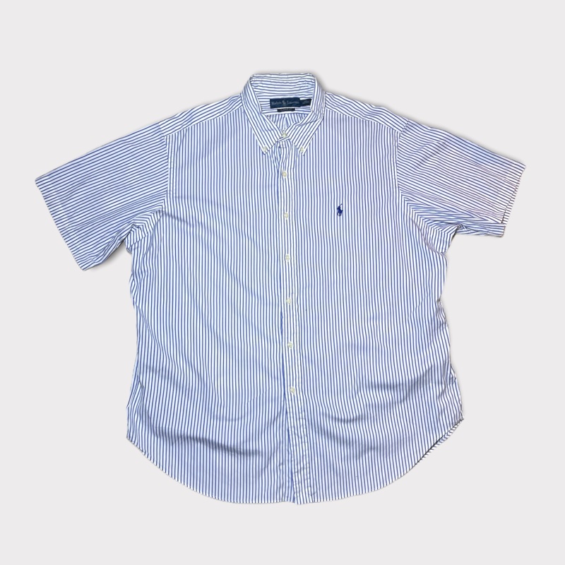 顛復古⚡️Polo Ralph Lauren 藍色條紋藍馬logo短袖襯衫❤️男女皆可-0