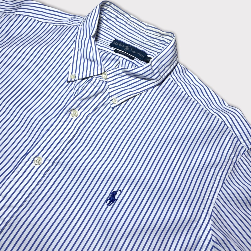 顛復古⚡️Polo Ralph Lauren 藍色條紋藍馬logo短袖襯衫❤️男女皆可-2