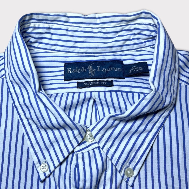 顛復古⚡️Polo Ralph Lauren 藍色條紋藍馬logo短袖襯衫❤️男女皆可-3