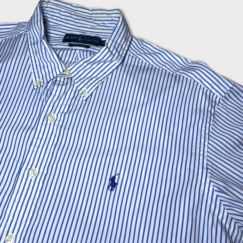顛復古⚡️Polo Ralph Lauren 藍色條紋藍馬logo短袖襯衫❤️男女皆可-4