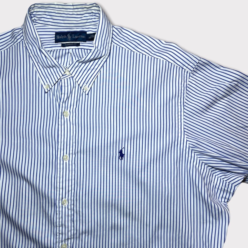 顛復古⚡️Polo Ralph Lauren 藍色條紋藍馬logo短袖襯衫❤️男女皆可-5