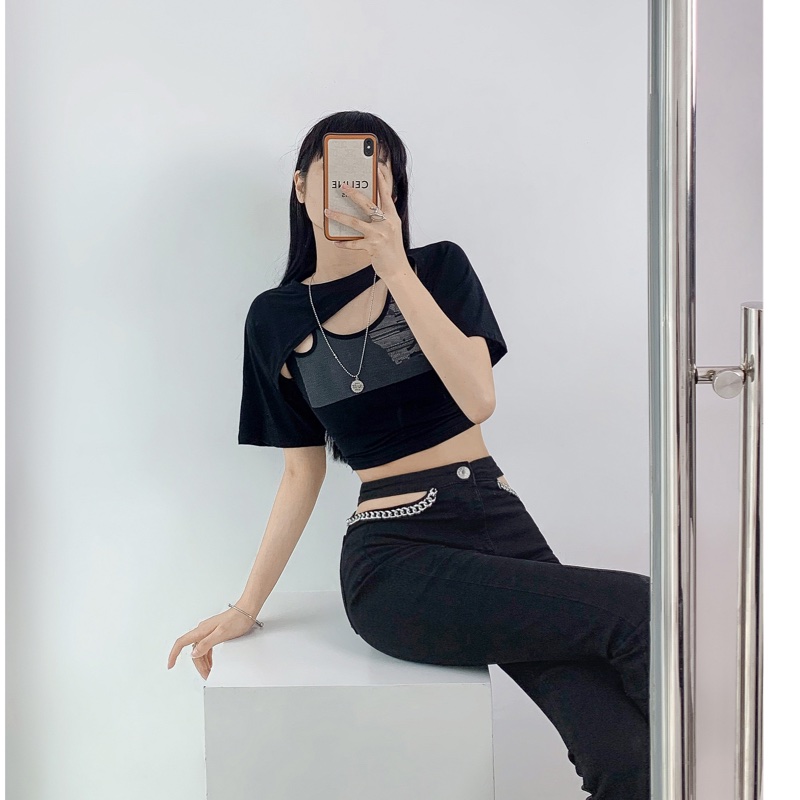 純欲風辣妹黑色吊帶背心短款罩衫兩件式-0