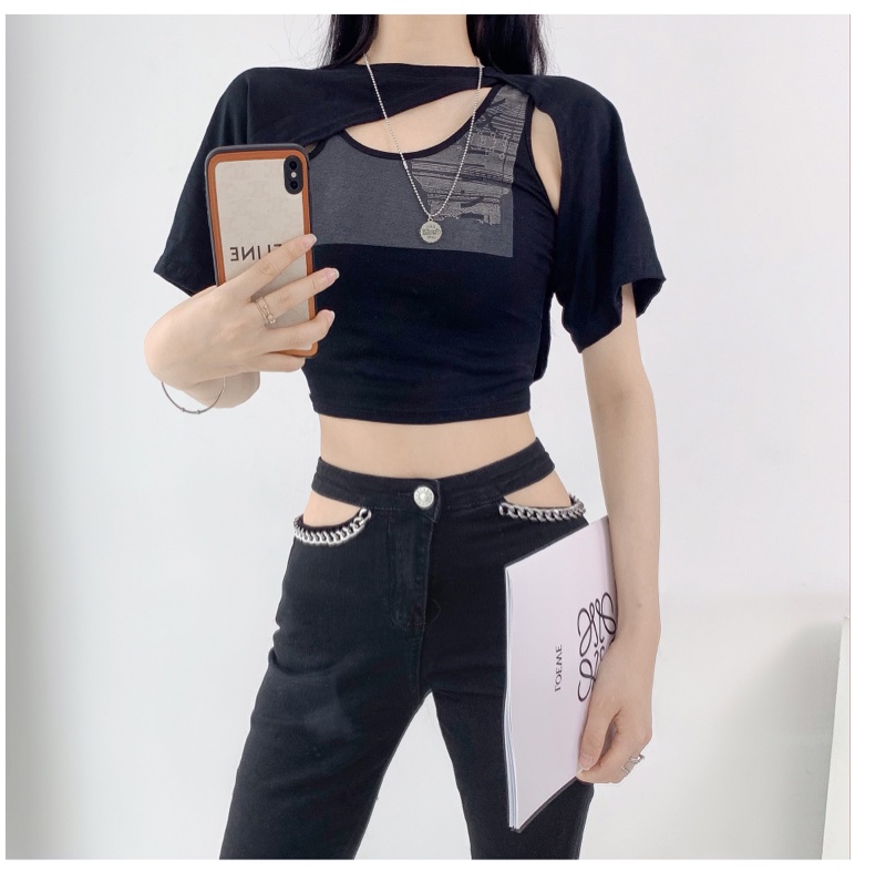 純欲風辣妹黑色吊帶背心短款罩衫兩件式-1