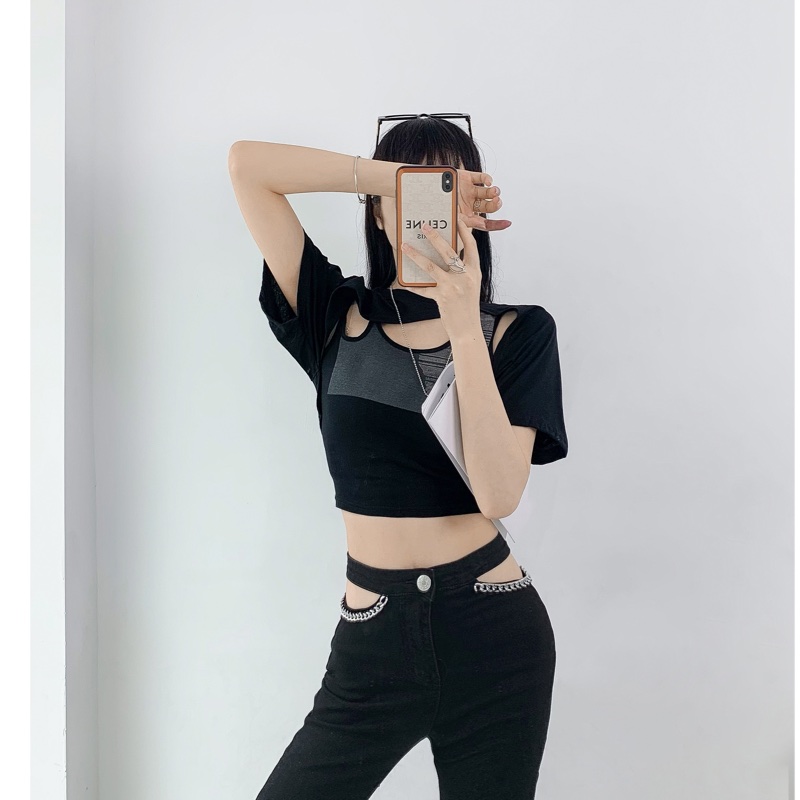 純欲風辣妹黑色吊帶背心短款罩衫兩件式-2